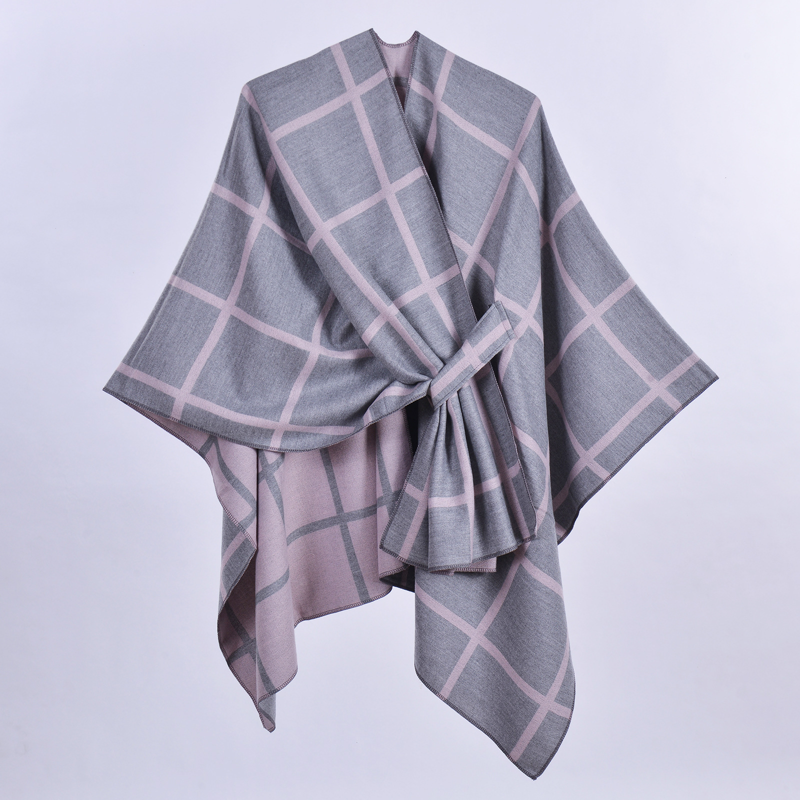 Grey and Pink Elegant Check Knit Travel Shawl with Stylish Side-Slit Design view 2