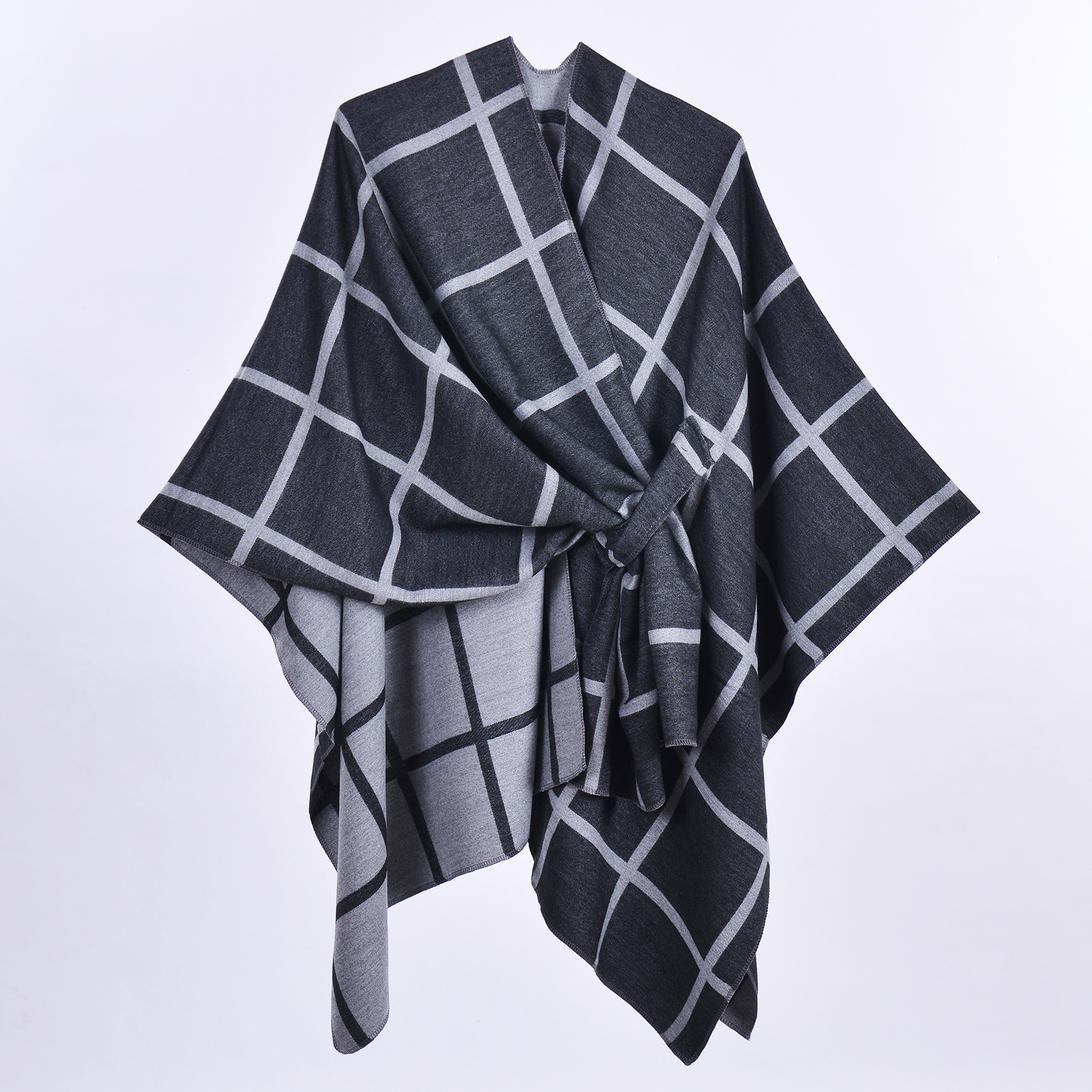 Black and Grey Elegant Check Knit Travel Shawl with Stylish Side-Slit Design view 2