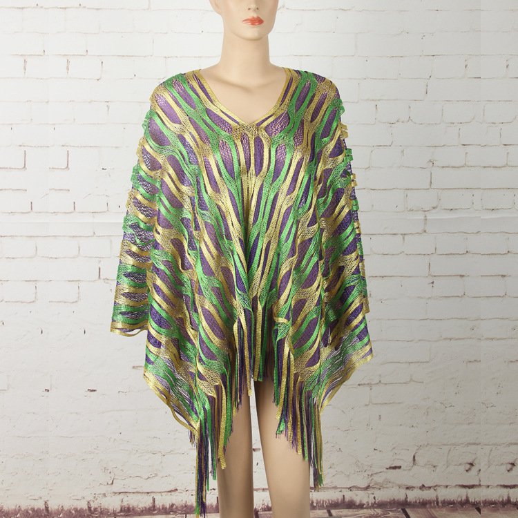 Green Boho Hollow-Out Wave Poncho Shawl with Tassel Hem - Elegant Dual-Tone