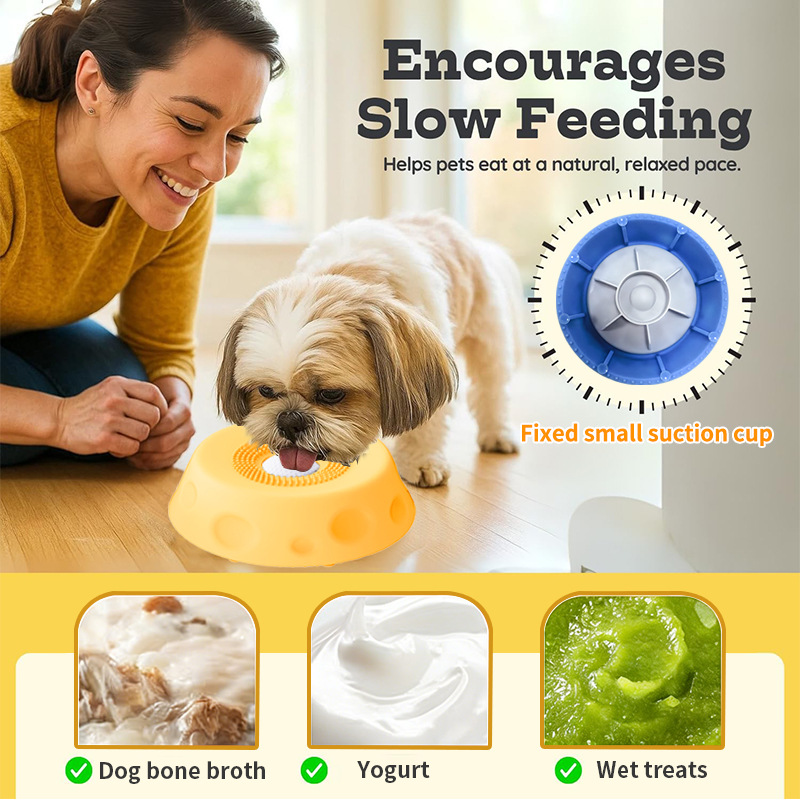 Yellow Silicone Dog Liquid Lick Bowl with Floating Fun Ball - Interactive Slow view 3