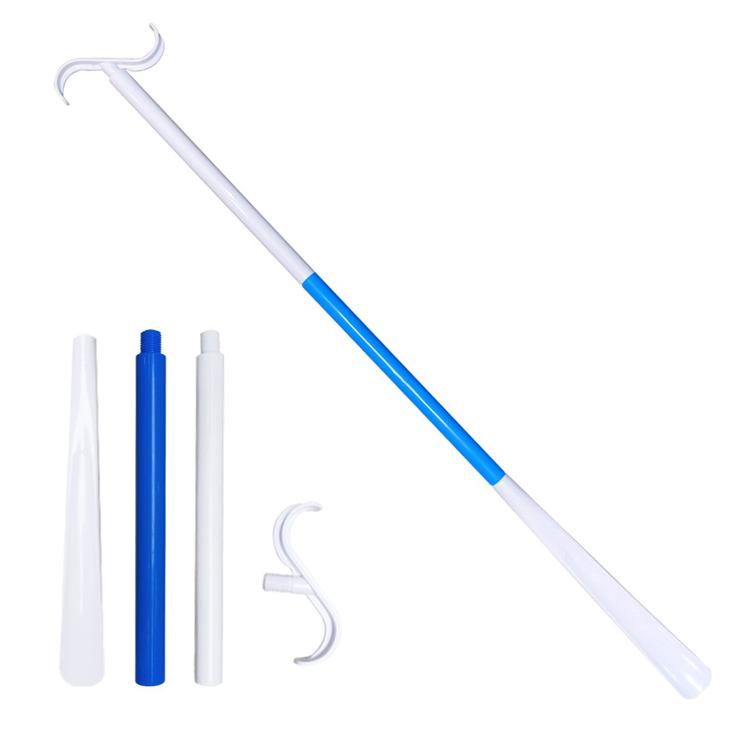 2-Pack White Blue Portable Dressing Aid Stick & Long-Handled Shoe Horn