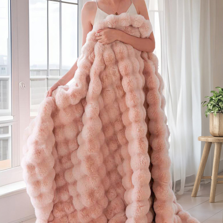 Pink Luxury Tuscany Fleece Rabbit Fur Bubble Blanket (140 x 200 CM) view 3