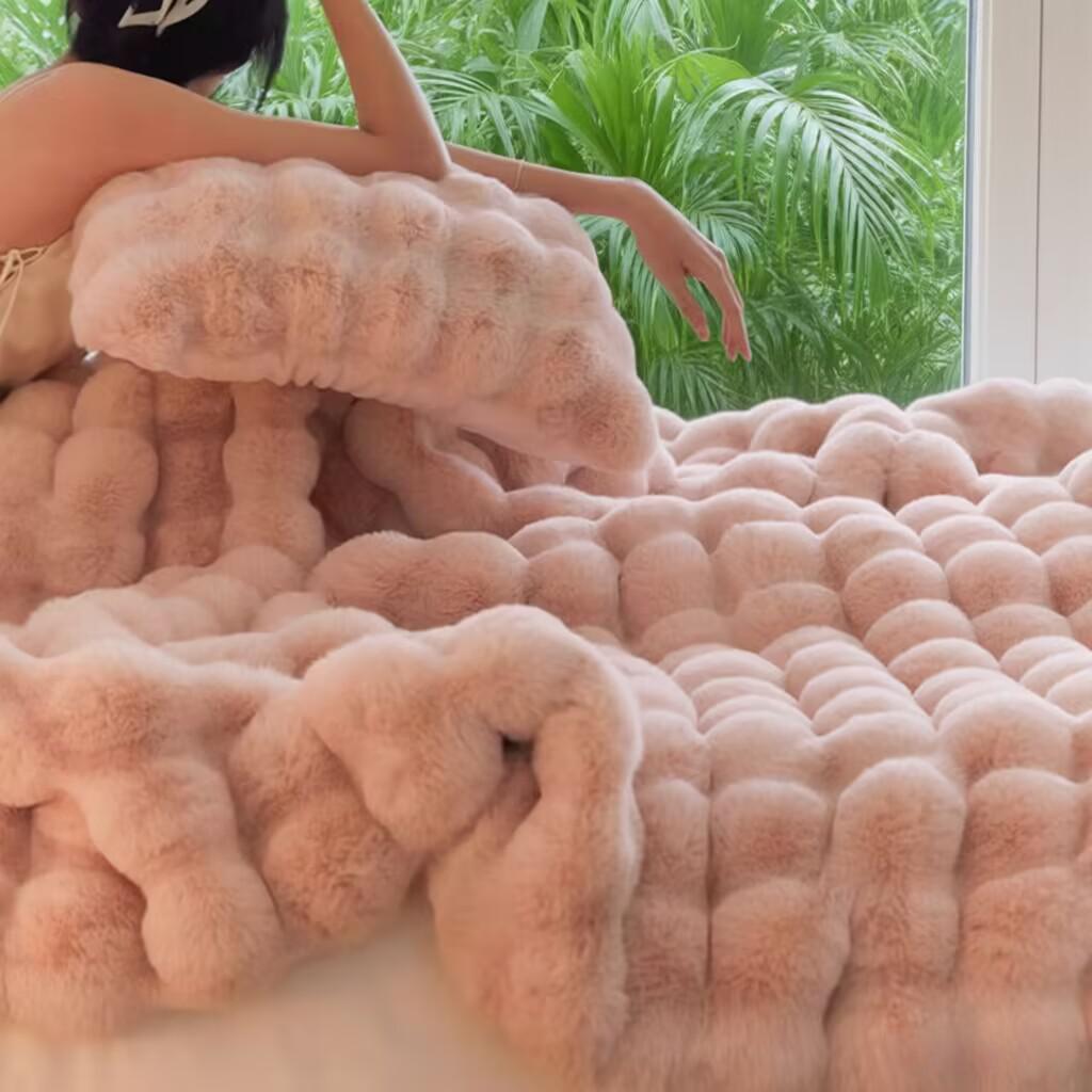 Pink Luxury Tuscany Fleece Rabbit Fur Bubble Blanket (200 x 230 CM) view 2