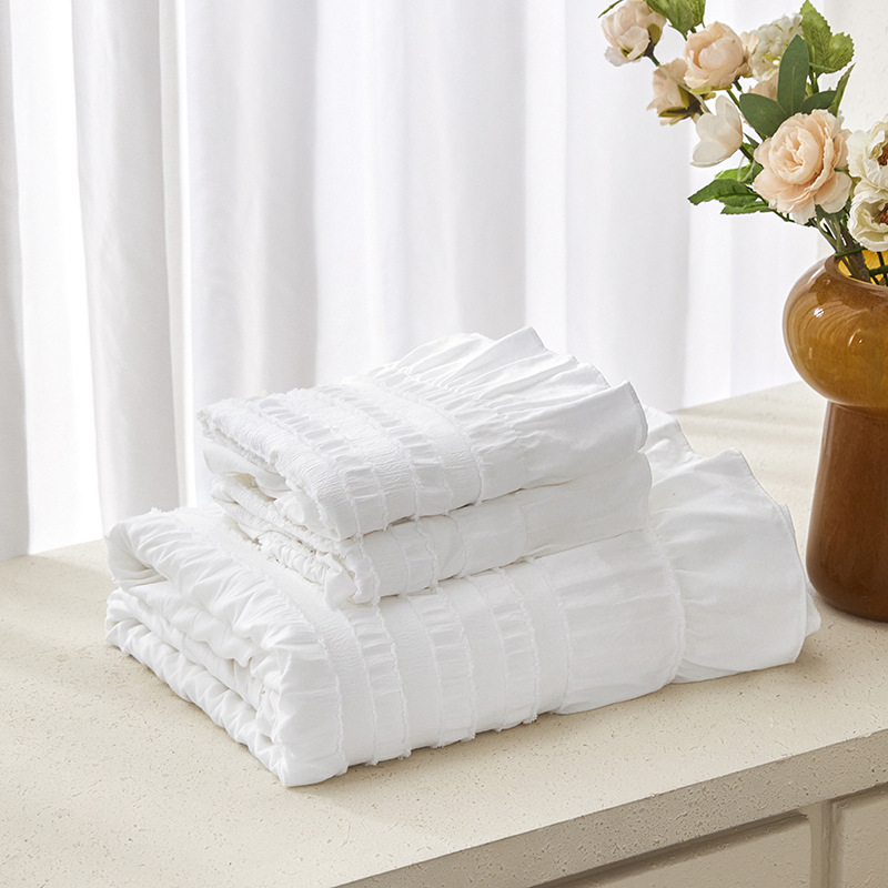 White Elegant Ruffle Seersucker Duvet Cover with 2PCS Pillow Shams - 3-Piece view 2