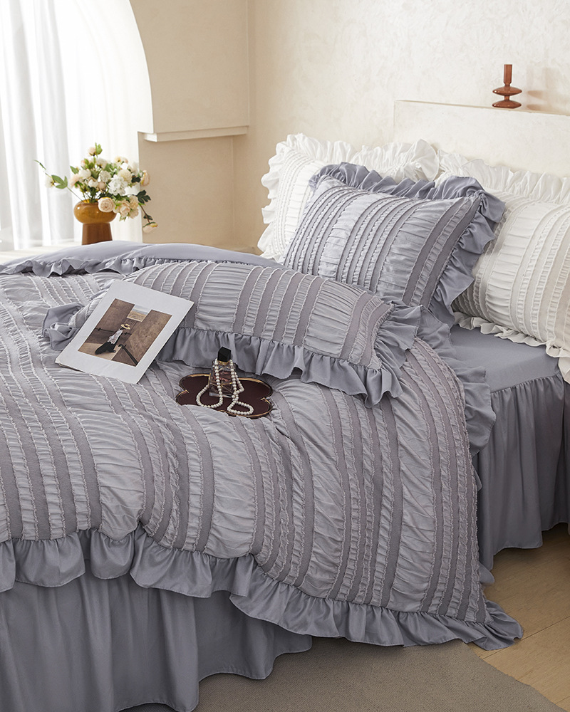 Pink Elegant Ruffle Seersucker Duvet Cover with 2PCS Pillow Shams - 3-Piece view 3