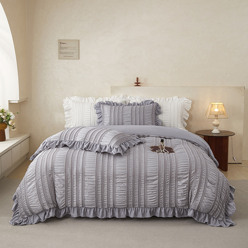Grey Elegant Ruffle Seersucker Duvet Cover with 2PCS Pillow Shams - 3-Piece