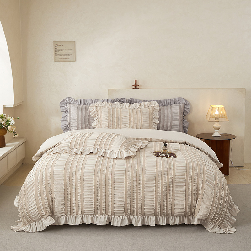 Beige Elegant Ruffle Seersucker Duvet Cover with 2PCS Pillow Shams - 3-Piece