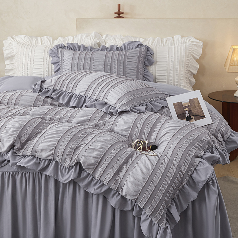 Black Elegant Ruffle Seersucker Duvet Cover with 2PCS Pillow Shams - 3-Piece view 3