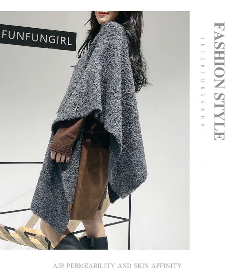 Grey Premium Knitted Wool Blend Poncho - Elegant Thickened Drape Shawl & Cape view 2