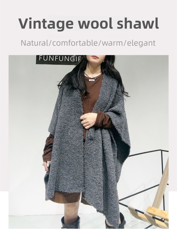 Grey Premium Knitted Wool Blend Poncho - Elegant Thickened Drape Shawl & Cape view 3