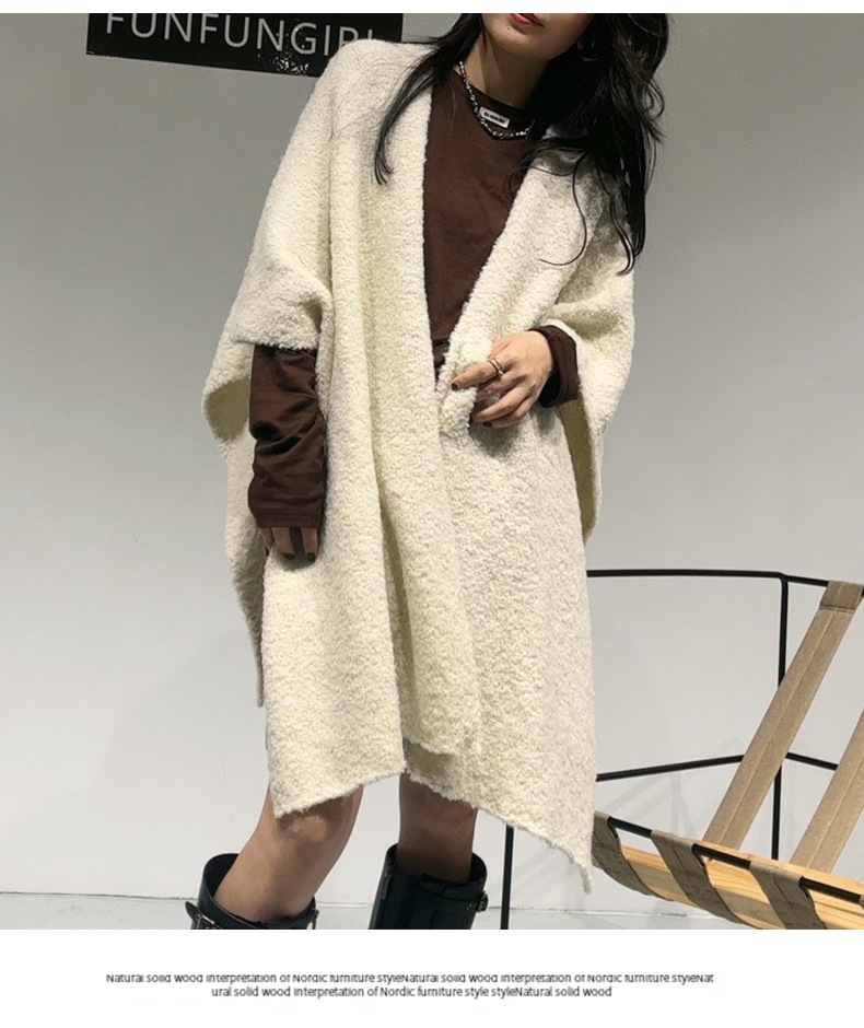Beige Premium Knitted Wool Blend Poncho - Elegant Thickened Drape Shawl & Cape — image 1