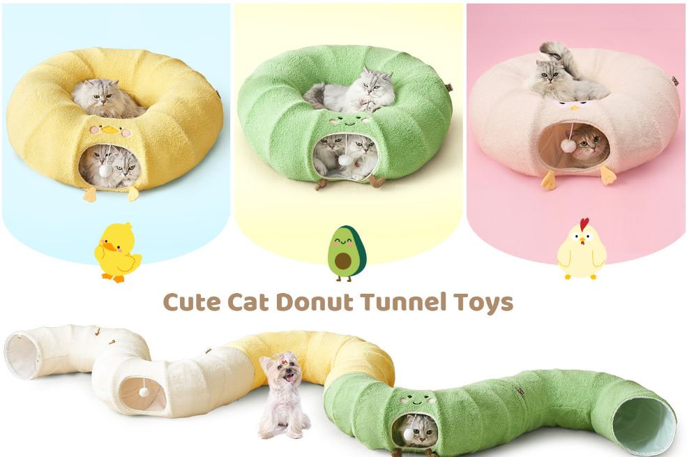 White Cute Foldable Cat Tunnel Bed with Dual-Zipper Detachable & Connectable view 2