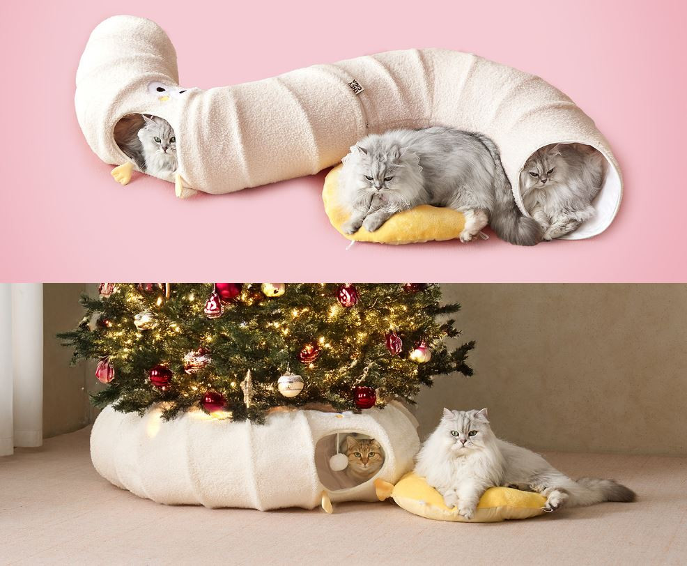 White Cute Foldable Cat Tunnel Bed with Dual-Zipper Detachable & Connectable view 5