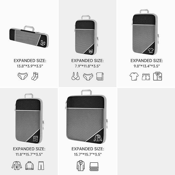 Black Waterproof Travel Compression Packing Cube Set of 5 Sizes with Carry view 5