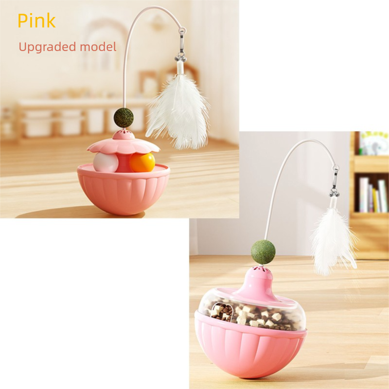 Pink 2Pcs Interactive Cat Wobble Toy Set - Dual Ball Turntable & Feeder with
