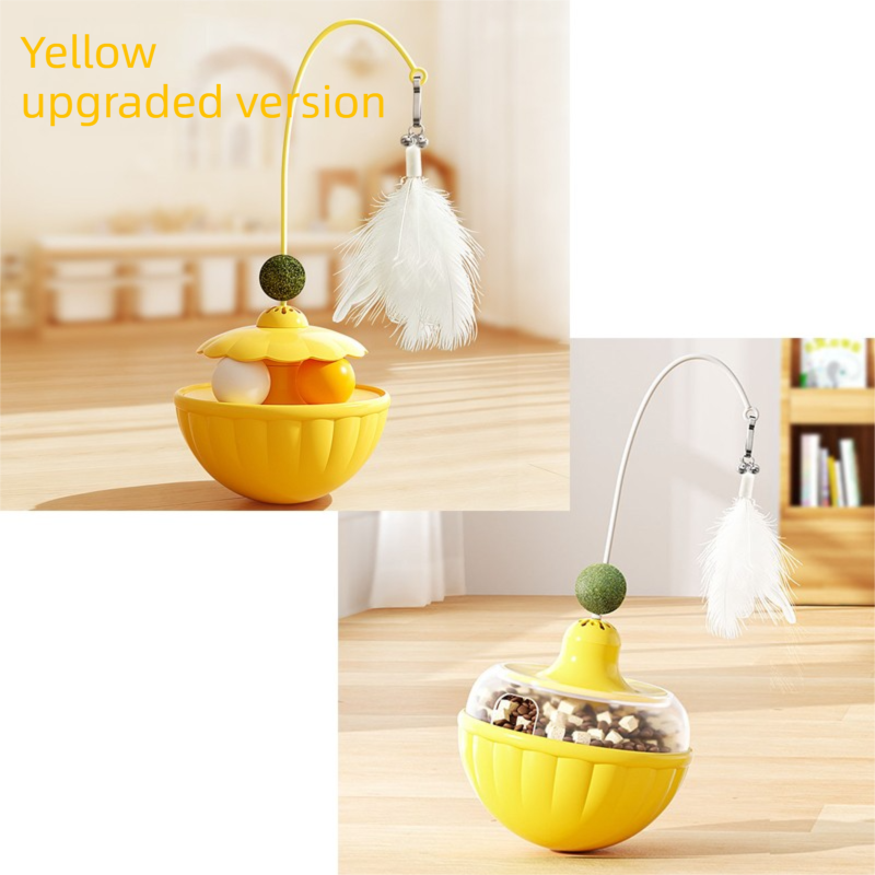 Yellow 2Pcs Interactive Cat Wobble Toy Set - Dual Ball Turntable & Feeder with