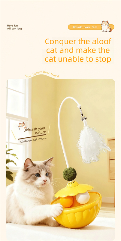 Yellow 2Pcs Interactive Cat Wobble Toy Set - Dual Ball Turntable & Feeder with view 3