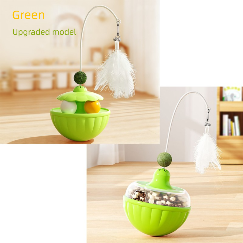 Green 2Pcs Interactive Cat Wobble Toy Set - Dual Ball Turntable & Feeder with