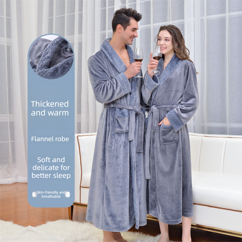 Grey 3XL size Plush Flannel Robe for Couples - Thickened Warm Bathrobe with view 4