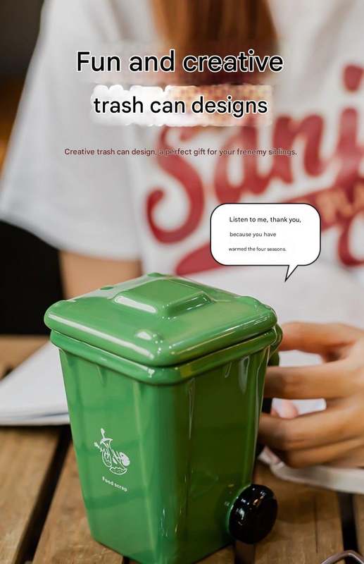 Green Creative Trash Can Ceramic Mug with Shovel Spoon - 400ml Funny Garbage view 4