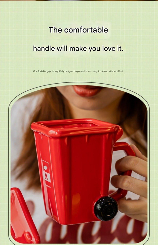Red Creative Trash Can Ceramic Mug with Shovel Spoon - 400ml Funny Garbage Bin view 7