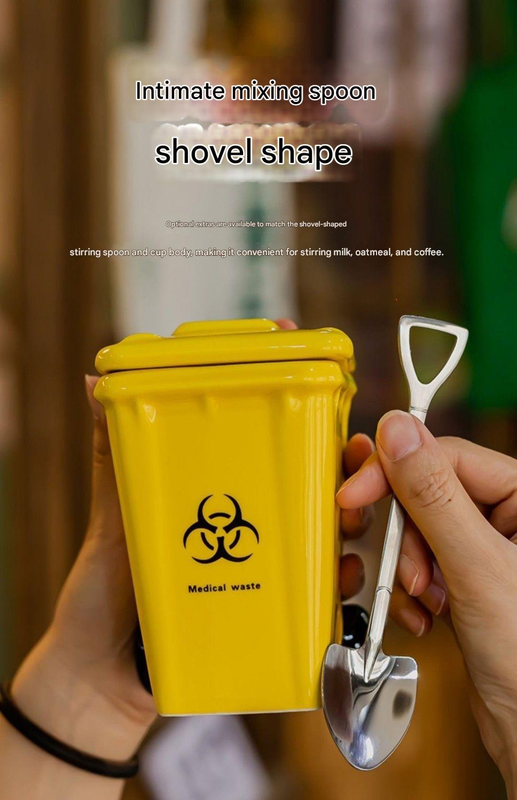 Red Creative Trash Can Ceramic Mug with Shovel Spoon - 400ml Funny Garbage Bin view 8