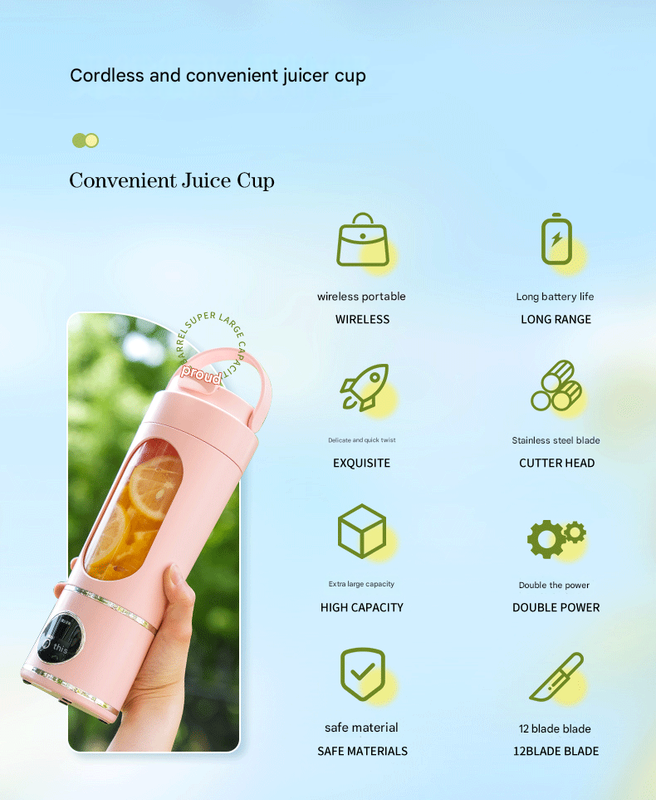 Pink 3.7V Portable Blender 700ml Wireless Juicer Cup - 12 Blade USB view 3