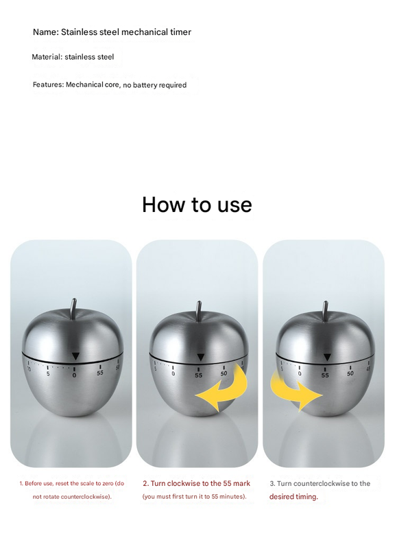 Apple Shape Stainless Steel Kitchen Timer Mechanical Cooking Timer - Wind-Up view 7
