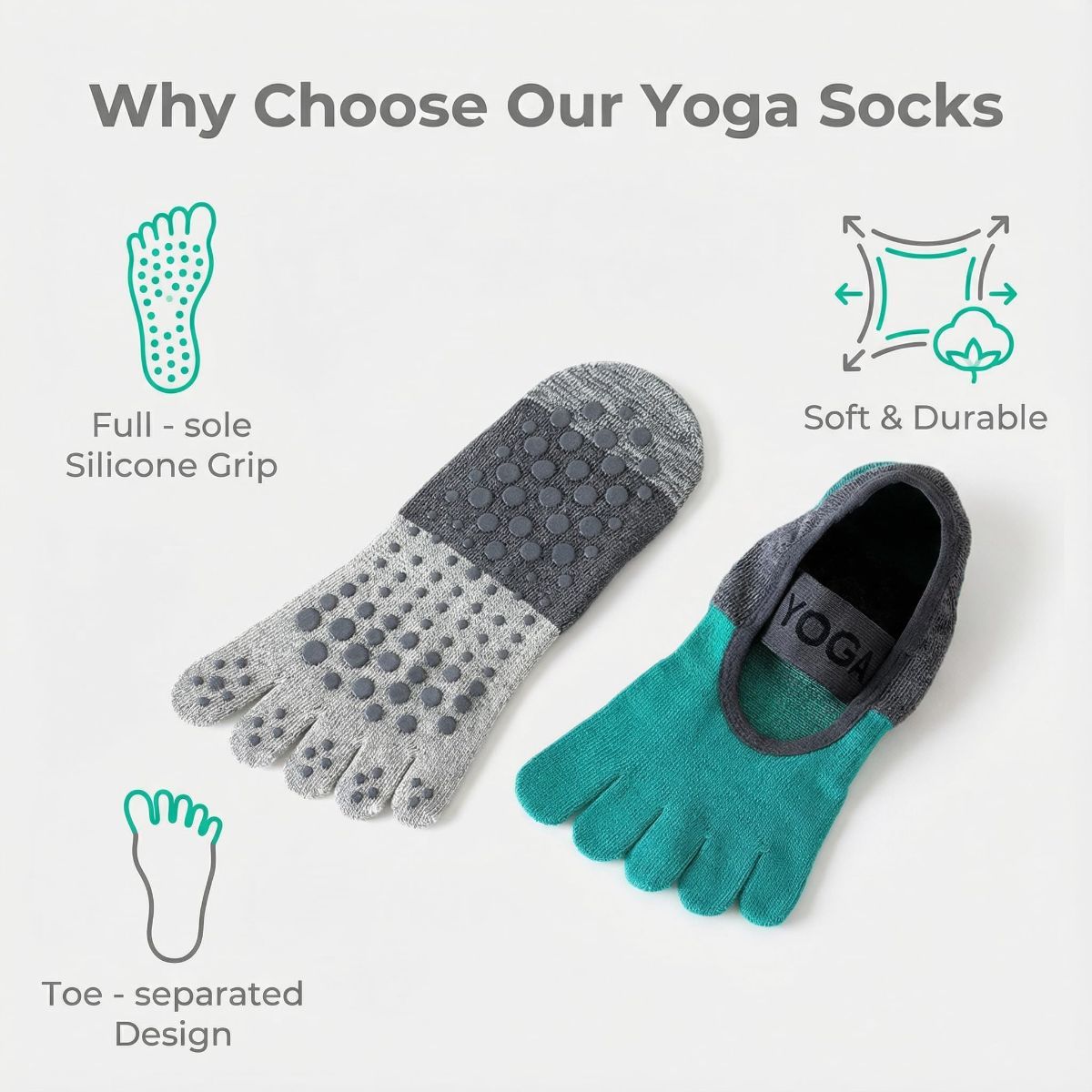 Two pairs Of Women's Non-Slip Five Toe Yoga Socks with Grips view 6
