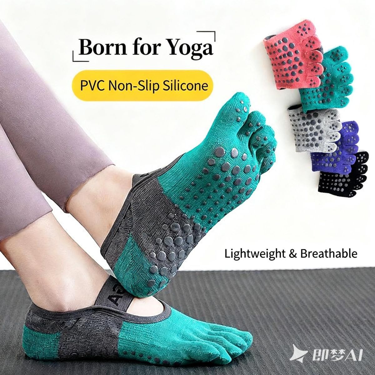 Two pairs Of Women's Non-Slip Five Toe Yoga Socks with Grips view 7