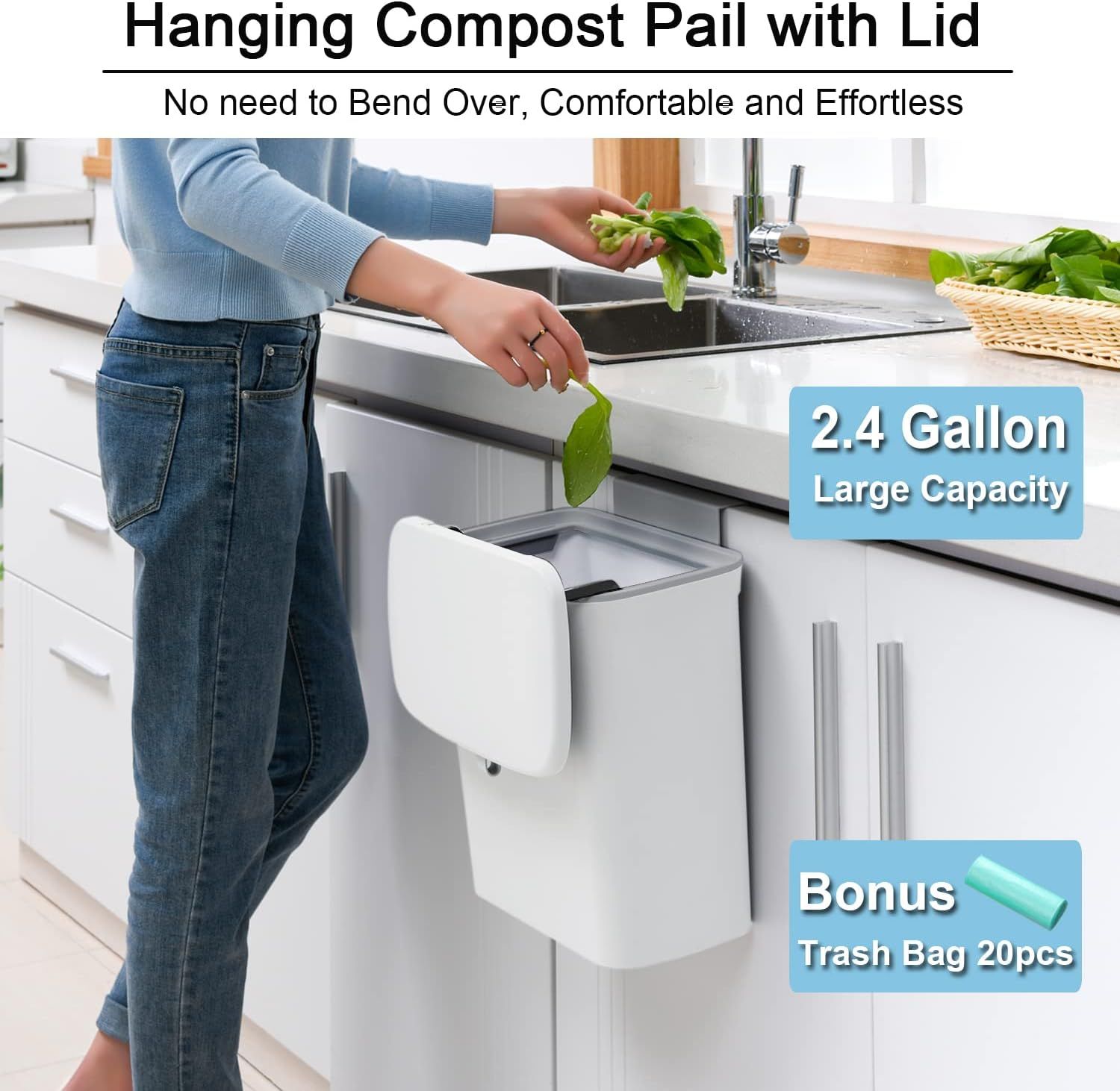 Hanging Kitchen Compost Bin with Lid for Cabinet Door or Wall view 2