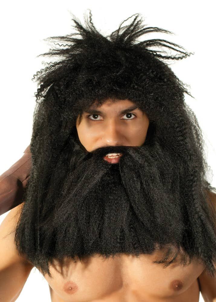 Prehistoric Caveman Mens Black Wig and Beard Set — image 1