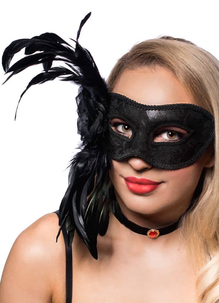 Extravagant Side Feather Black Lace Masquerade Mask — image 1