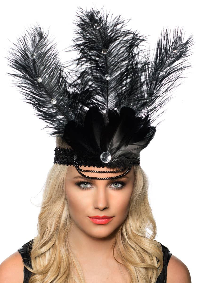 Tall Black Feather Showgirl Headpiece with Black Sequins — image 1