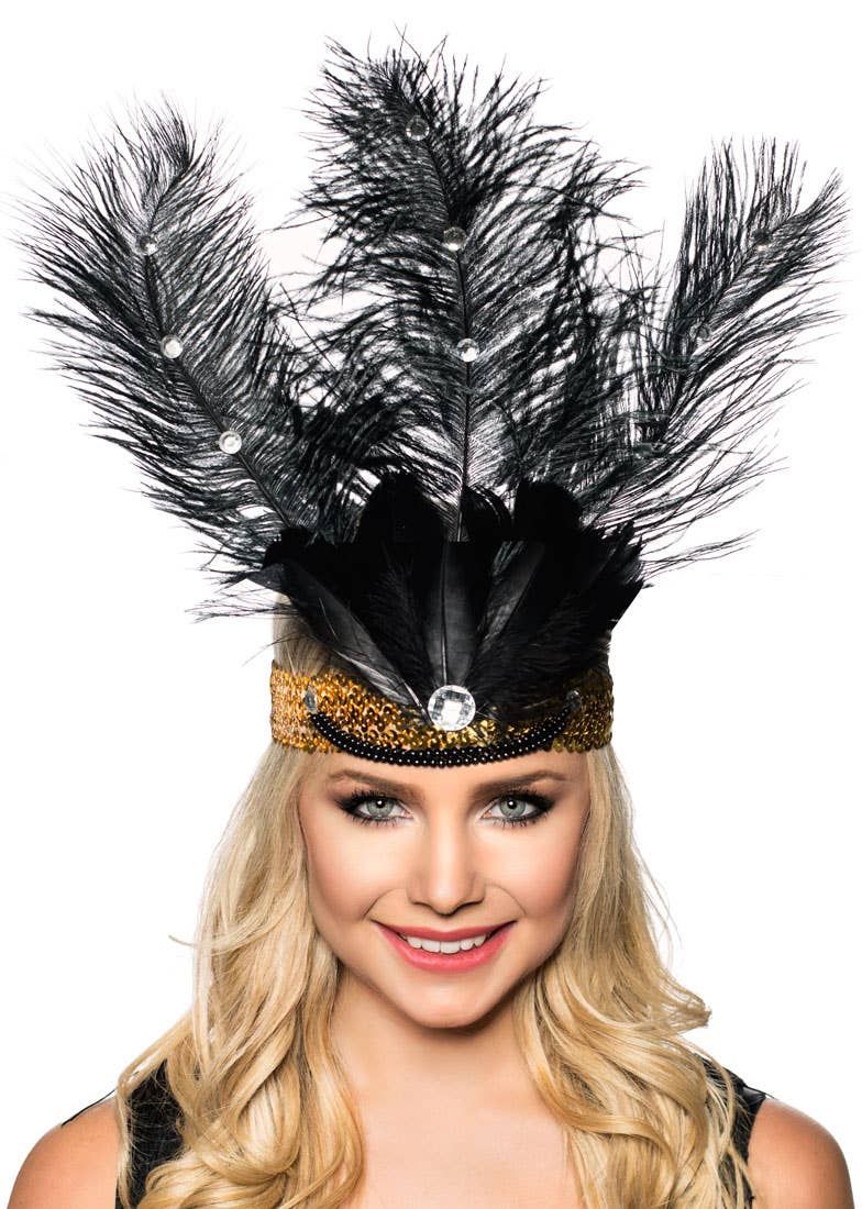Tall Black Feather Showgirl Headpiece with Gold Sequins — image 1