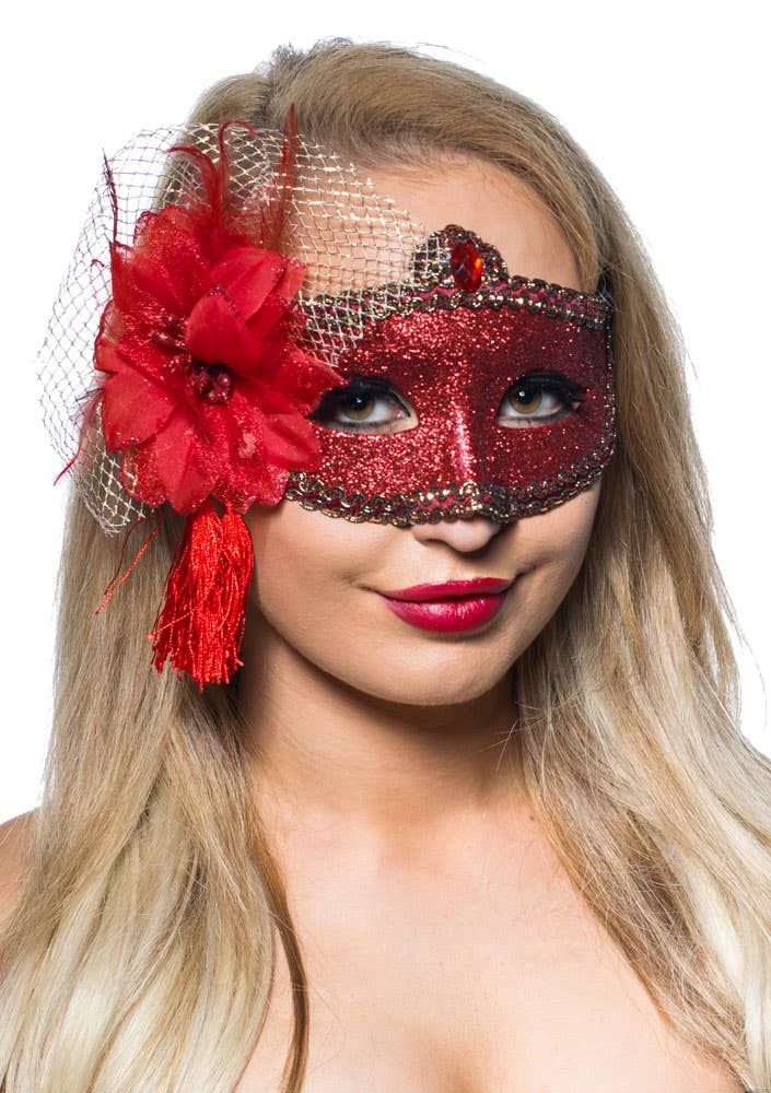 Celebration Red Glitter Masquerade Mask view 3