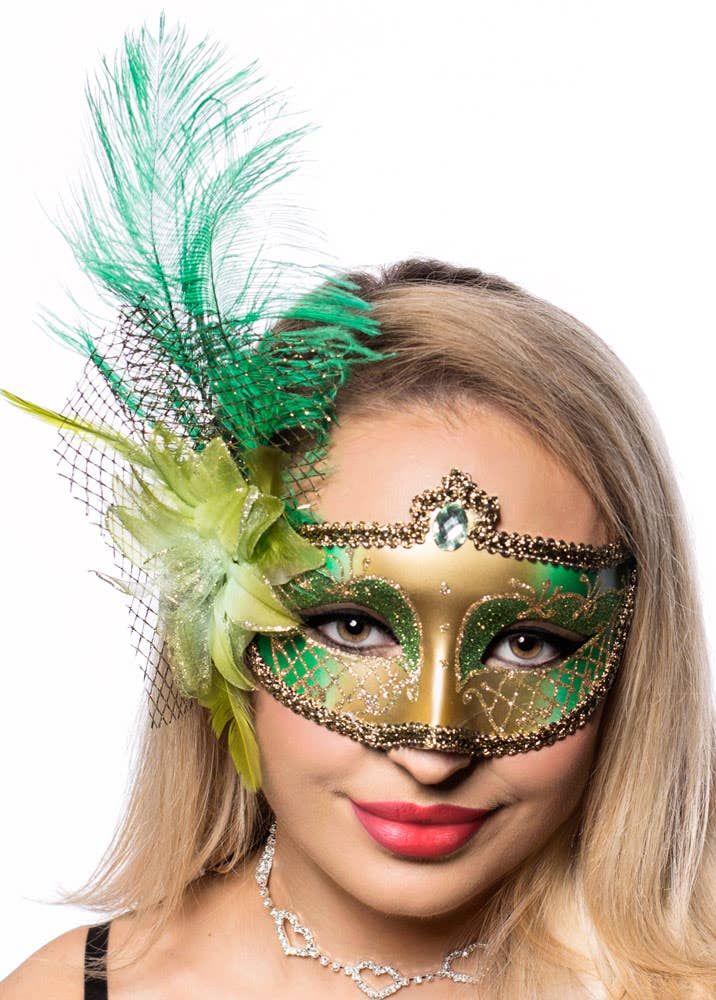Victorian Green and Gold Masquerade Mask — image 1