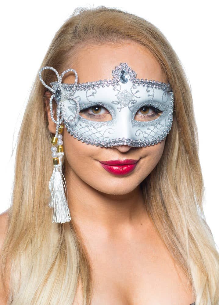 Tassel White and Silver Venetian Masquerade Mask — image 1