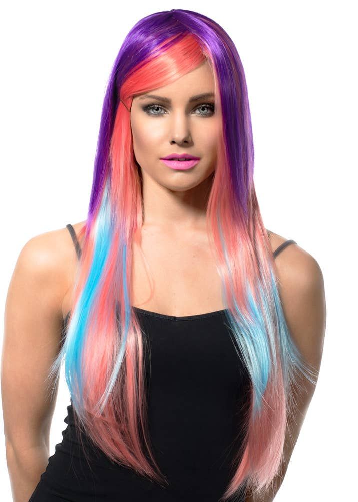 Deluxe Long Purple Pink and Blue Womens Costume Wig — image 1