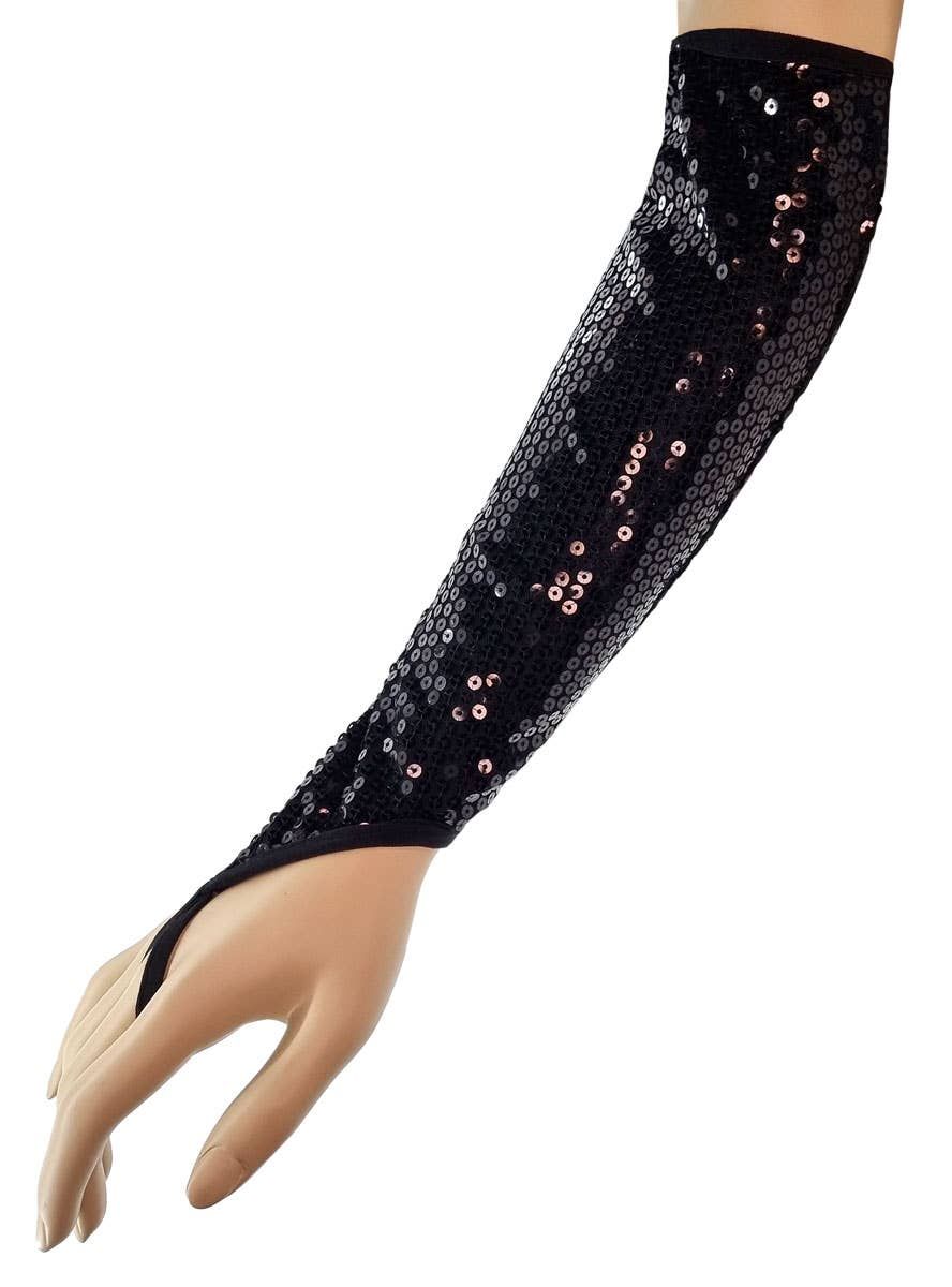 Plus Size Sequinned Long Black Fingerless Costume Gloves — image 1