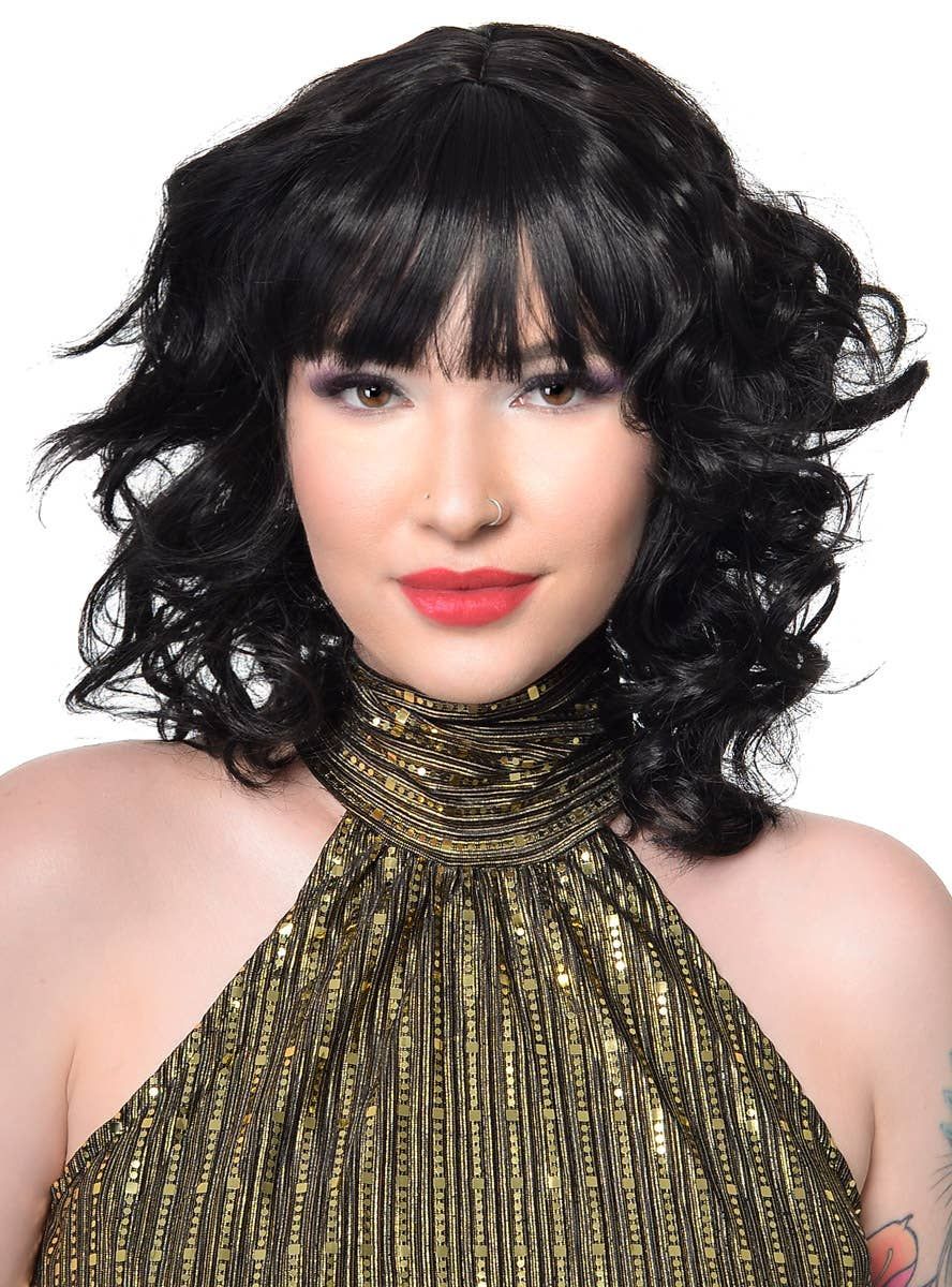 1970s Shag Style Womens Black Costume Wig with Fringe — image 1