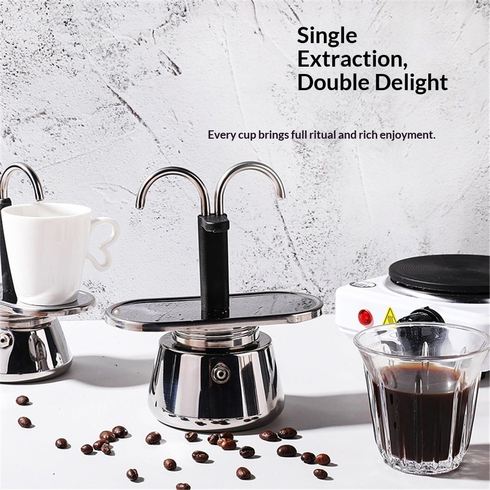 Double Spout 2 Cup Coffee Maker - Stainless Steel Espresso Maker - Italian view 2