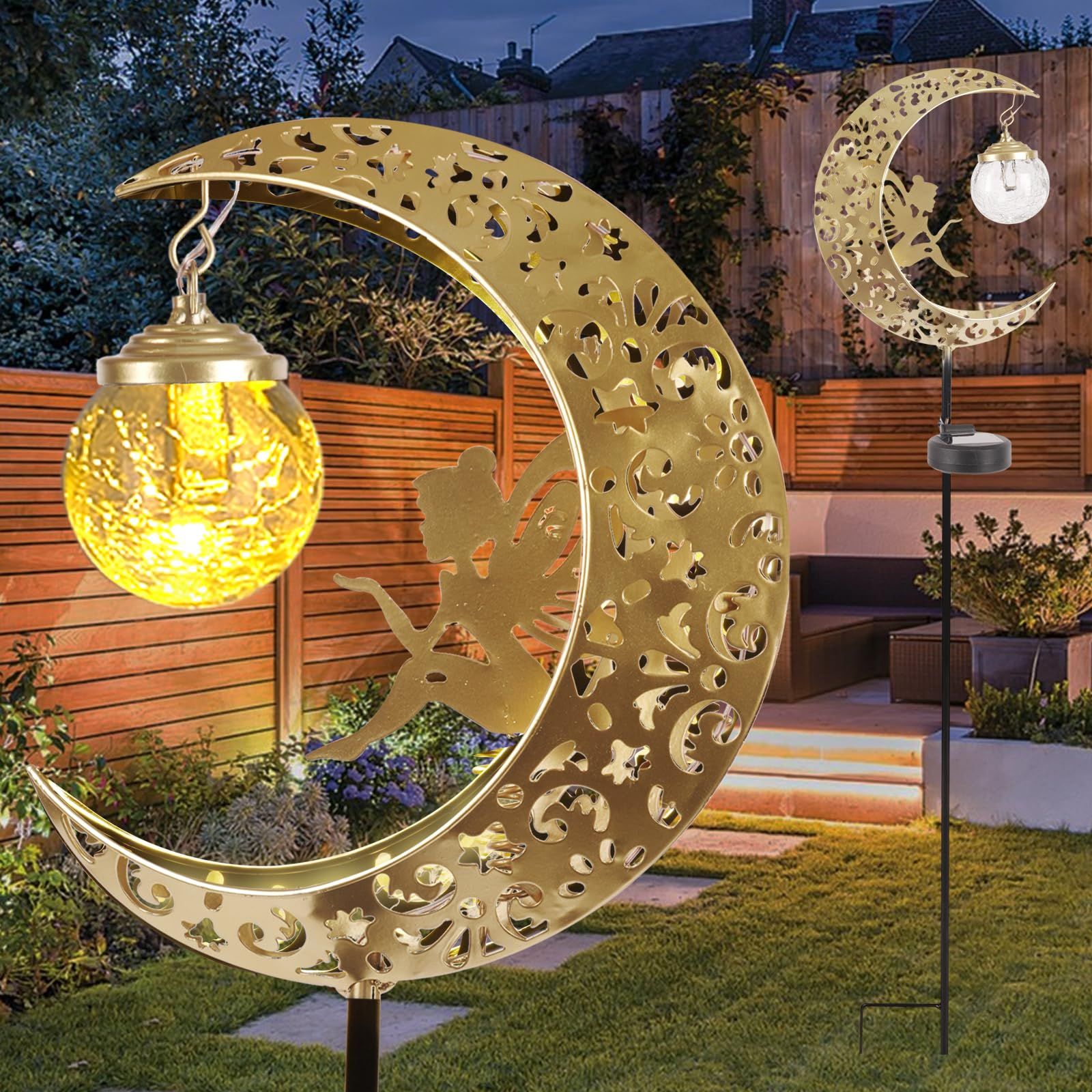 Solar Lights Outdoor Waterproof Fairy Moon Crackle Glass Lights with Metal