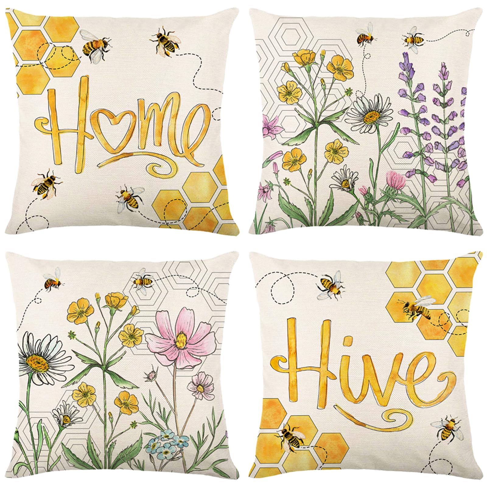 Floral Pillow Covers 18x18 inch Set of 4 Yellow Bee Honey Pillow Cases Spring — image 1