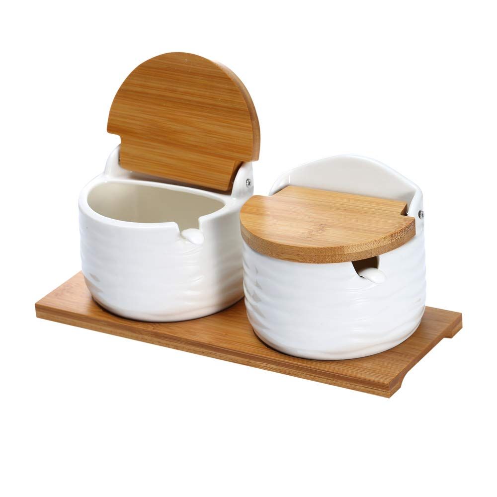Ceramic Sugar Bowl with Lids and Spoons-Porcelain Condiment Container Spice Jar — image 1