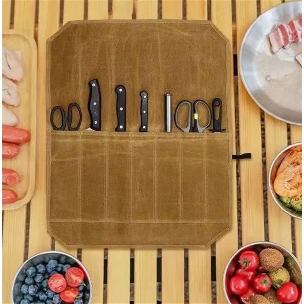 Chef’s Knife Roll Case, Waxed Canvas Cutlery Knives Holders Protectors, Home view 3