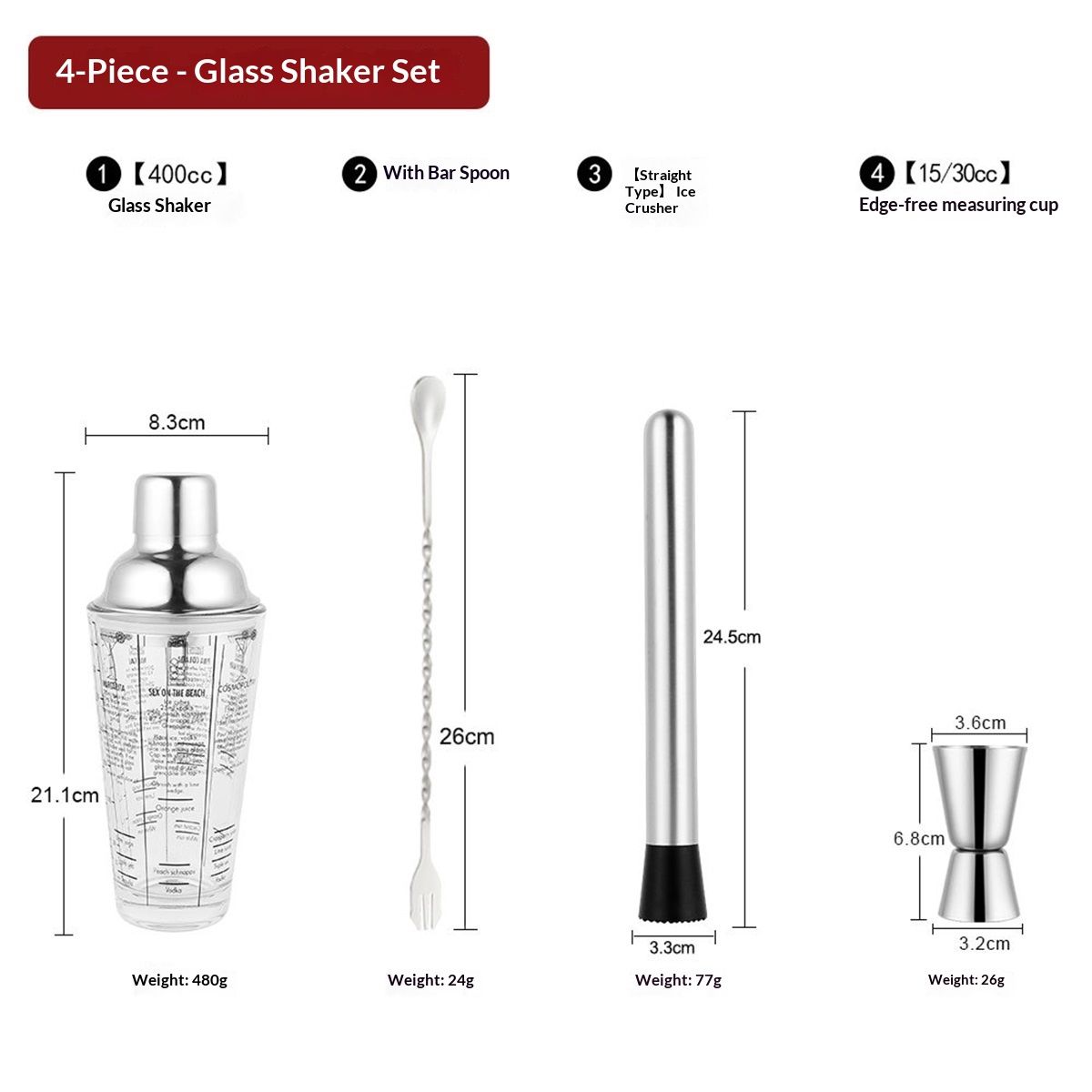 Cocktail Shaker Set, 14 oz Glass Mixing Cup with Measurements, Stainless Steel — image 1