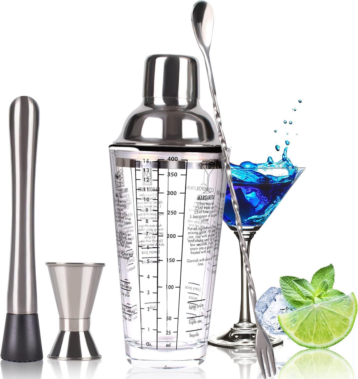 Cocktail Shaker Set, 14 oz Glass Mixing Cup with Measurements, Stainless Steel view 2
