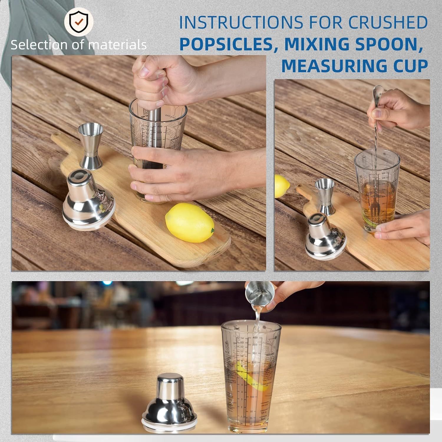 Cocktail Shaker Set, 14 oz Glass Mixing Cup with Measurements, Stainless Steel view 3