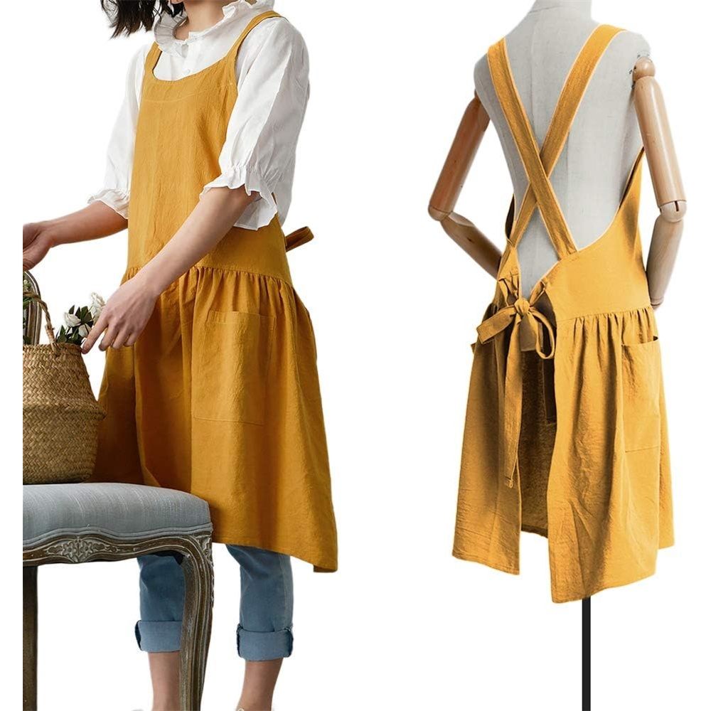 Women's cotton and linen apron with cooking and cleaning pockets view 2